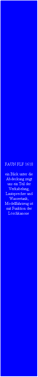 Textfeld: FAUN FLF 1618
ein Blick unter die Abdeckung zeigt uns ein Teil der Verkabelung, Lautsprecher und Wassertank, Modellfahrzeug ist mit Funktion der L�schkanone&nbsp;
