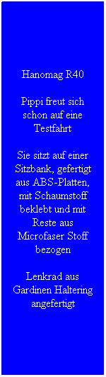 Textfeld: Hanomag R40
Pippi freut sich schon auf eine Testfahrt
Sie sitzt auf einer Sitzbank, gefertigt aus ABS-Platten, mit Schaumstoff beklebt und mit Reste aus Microfaser Stoff bezogen
Lenkrad aus Gardinen Haltering angefertigt
