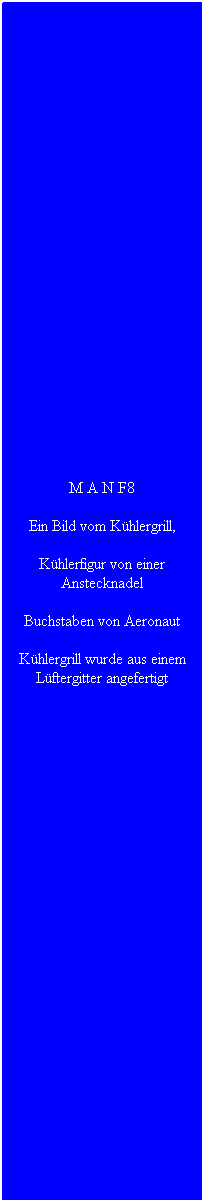 Textfeld: M A N F8
Ein Bild vom K�hlergrill,
K�hlerfigur von einer Anstecknadel
Buchstaben von Aeronaut
K�hlergrill wurde aus einem L�ftergitter angefertigt
&nbsp;
