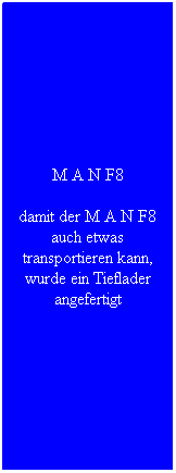 Textfeld: M A N F8
damit der M A N F8 auch etwas transportieren kann, wurde ein Tieflader angefertigt
