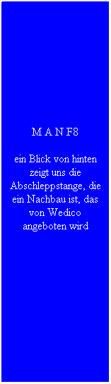 Textfeld: M A N F8
ein Blick von hinten zeigt uns die Abschleppstange, die ein Nachbau ist, das von Wedico angeboten wird
&nbsp;
