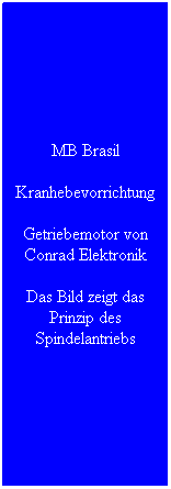 Textfeld: MB Brasil
Kranhebevorrichtung
Getriebemotor von Conrad Elektronik
Das Bild zeigt das Prinzip des Spindelantriebs
