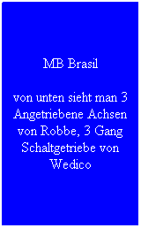 Textfeld: MB Brasil
von unten sieht man 3 Angetriebene Achsen von Robbe, 3 Gang Schaltgetriebe von Wedico
