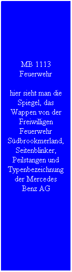 Textfeld: MB 1113 Feuerwehr
hier sieht man die Spiegel, das Wappen von der Freiwilligen Feuerwehr S�dbrookmerland, Seitenblinker, Peilstangen und Typenbezeichnung der Mercedes Benz AG
&nbsp;
