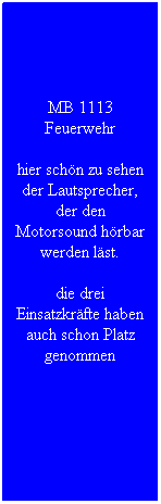 Textfeld: MB 1113 Feuerwehr
hier sch�n zu sehen der Lautsprecher, der den Motorsound h�rbar werden l�st.
die drei Einsatzkr�fte haben auch schon Platz genommen
&nbsp;
